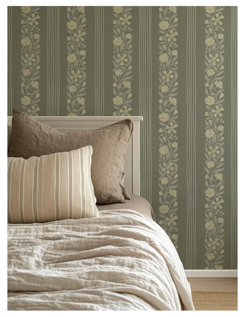 Cozy bedroom featuring vintage-style floral wallpaper in soft greens and yellows, complemented by a neutral bedspread and striped pillows.