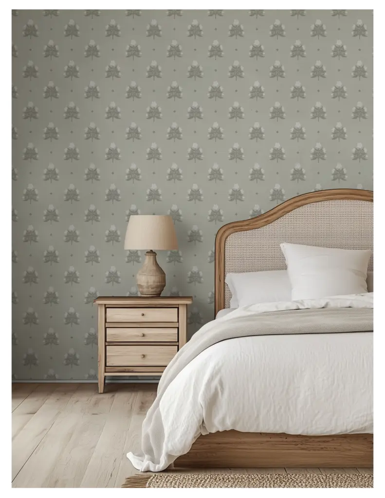 A cozy bedroom featuring a modern farmhouse aesthetic, with patterned green wallpaper, a wooden bed frame, and a bedside table with a lamp.