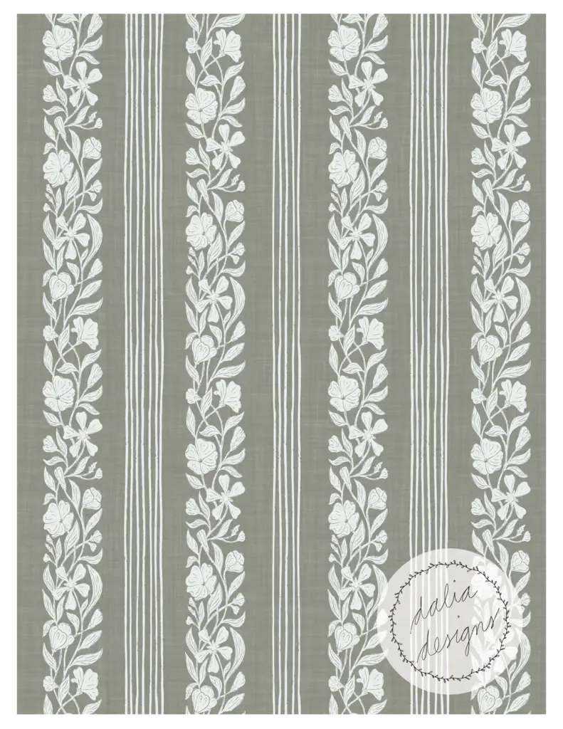 A modern-vintage floral wallpaper pattern featuring white flowers and greenery on a muted grey background, designed in a charming block print style.
