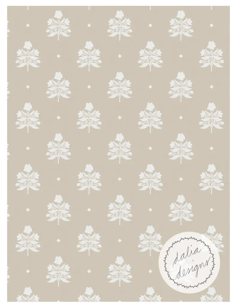 A soft beige fabric pattern featuring modern-vintage floral designs in white, with a charming block print style and an overlaid linen texture, accompanied by a circular logo for Dalia Designs.