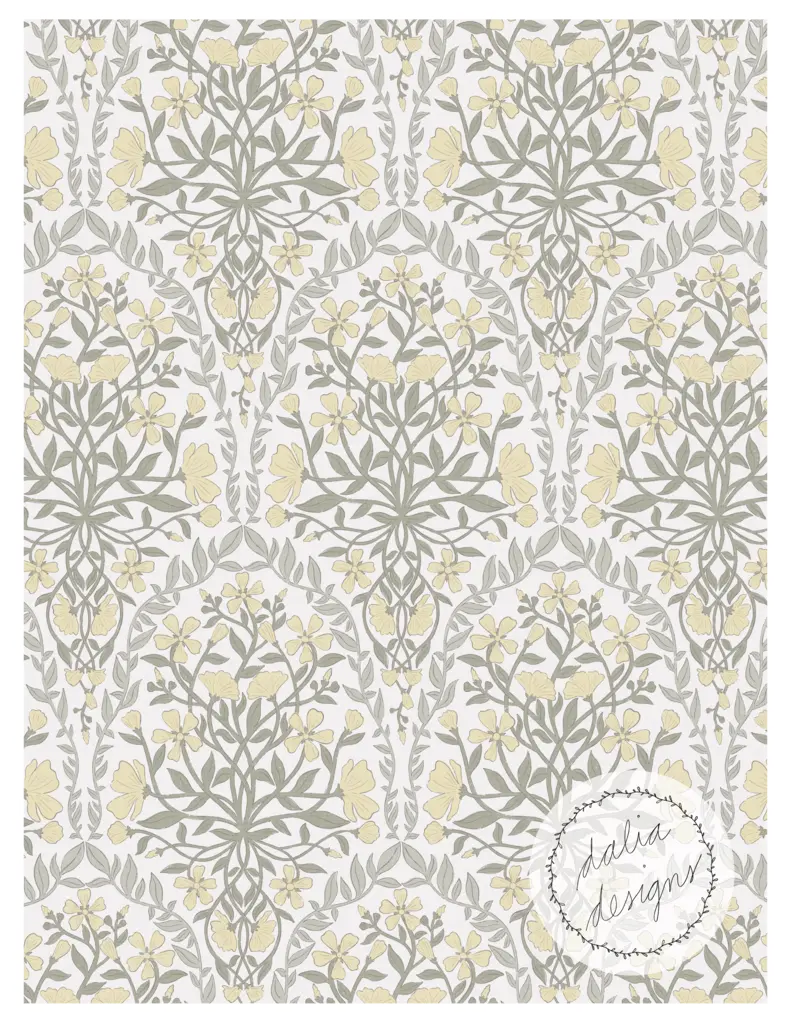 Floral pattern design featuring yellow flowers and green foliage on a light background, with a vintage-inspired aesthetic.