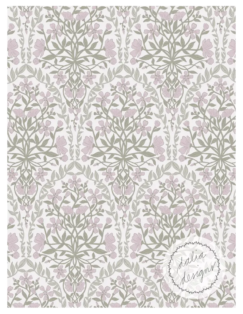 A modern-vintage floral pattern featuring delicate pink and green flowers on a white background, inspired by farmhouse aesthetics.
