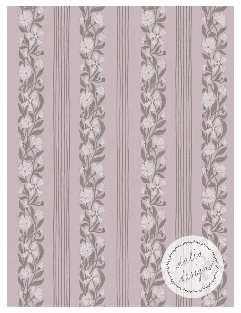 Vertical floral pattern with light pink background, featuring white blossoms and green leaves, combined with grey stripes, designed by Dalia Designs.