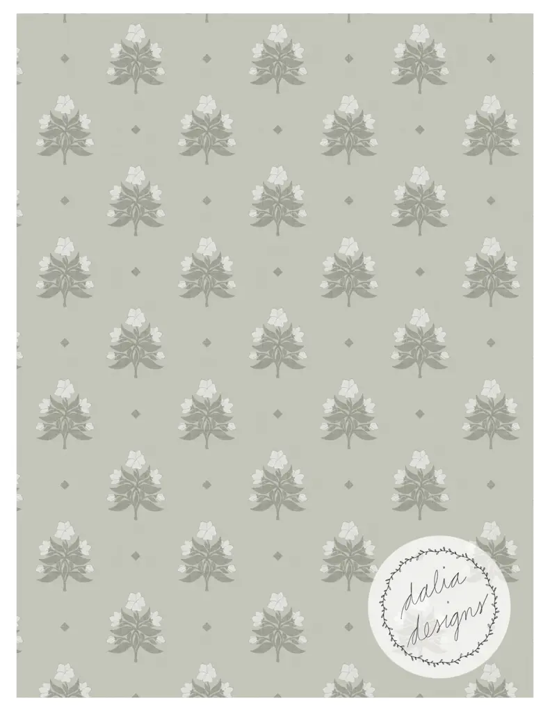 Patterned design featuring vintage-style flowers in muted tones on a soft green background, overlaid with a subtle texture.