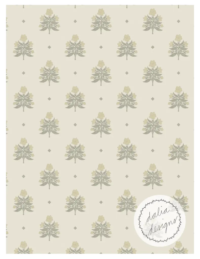 Block print floral pattern featuring muted green and yellow flowers on a beige background with diamond shapes, designed by Dalia Designs.