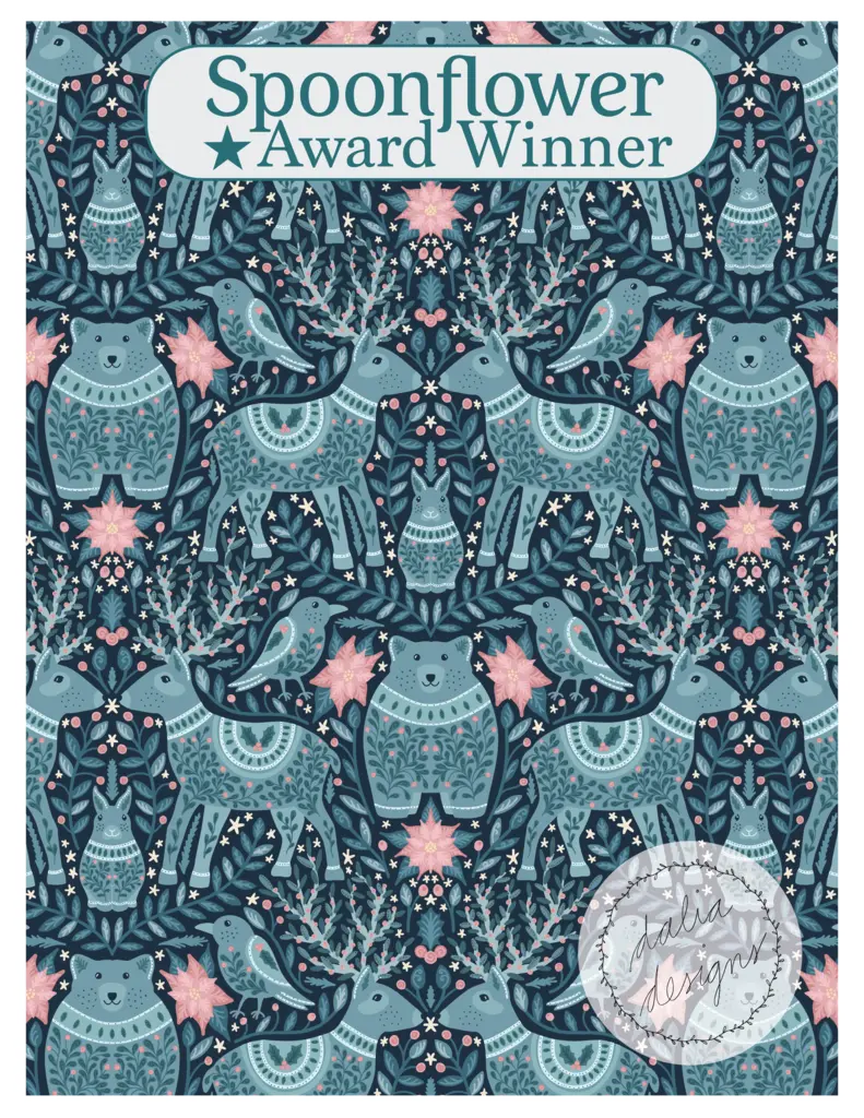 A whimsical fabric design featuring various folk animals in shades of blue with pink accents, decorated with floral elements and stars, labeled as a Spoonflower Award Winner.