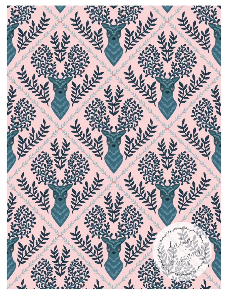 Pattern featuring stylized deer heads with antlers made of branches, set against a pink background.
