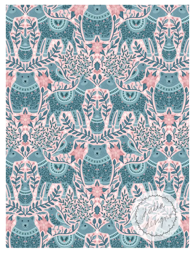A decorative pattern featuring whimsical folk animals like bears, birds, and other creatures surrounded by floral elements in a blue and pink color scheme.