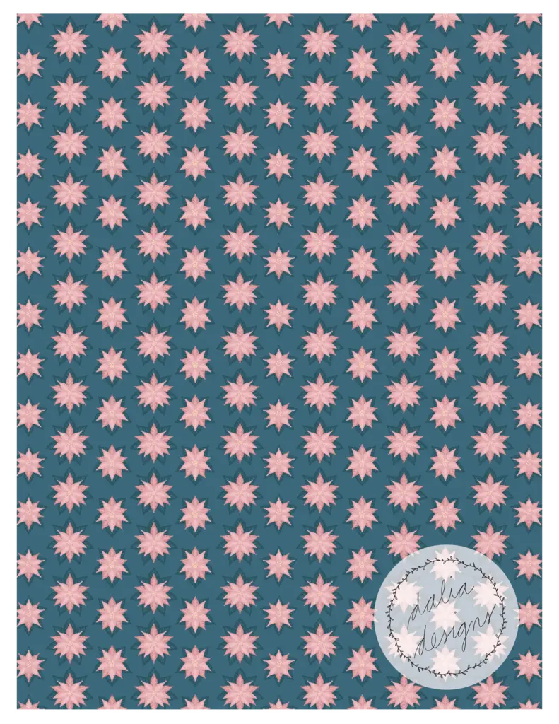 Pattern featuring pink star-like flowers on a blue background with a logo watermark.