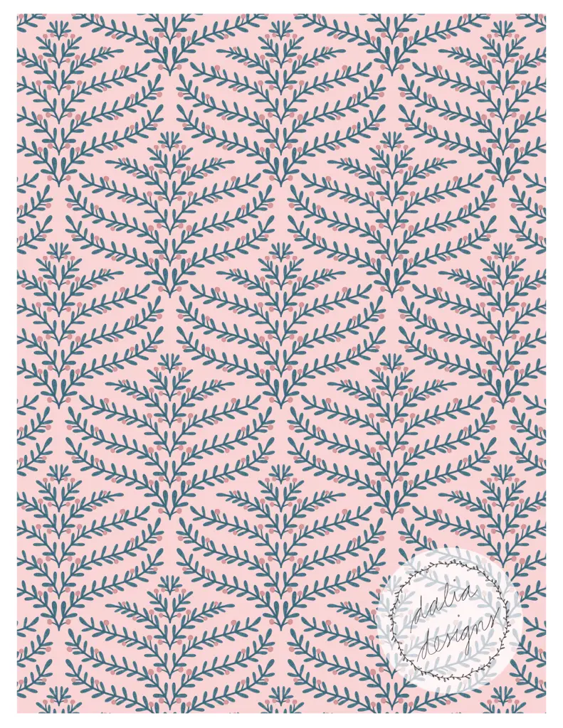 A repeating pattern of stylized branches and leaves in dark blue against a soft pink background, featuring a circular logo in the bottom right corner.