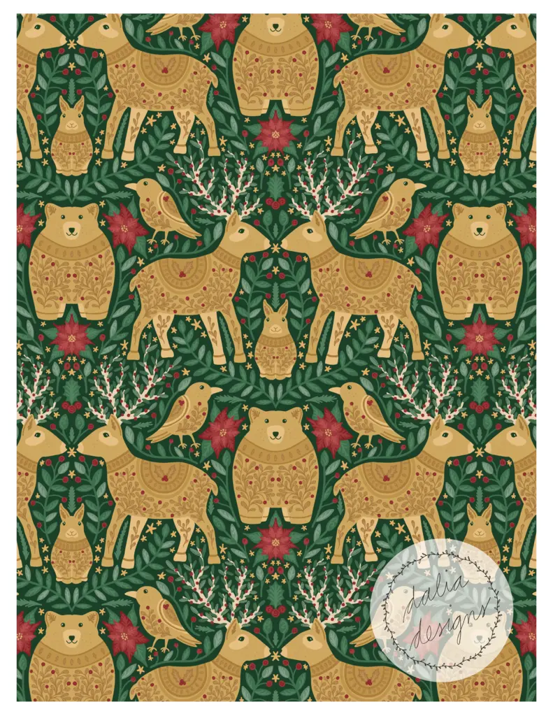 A whimsical pattern featuring stylized gold animals, including bears, deer, and birds, surrounded by floral and leaf motifs in red and green hues.