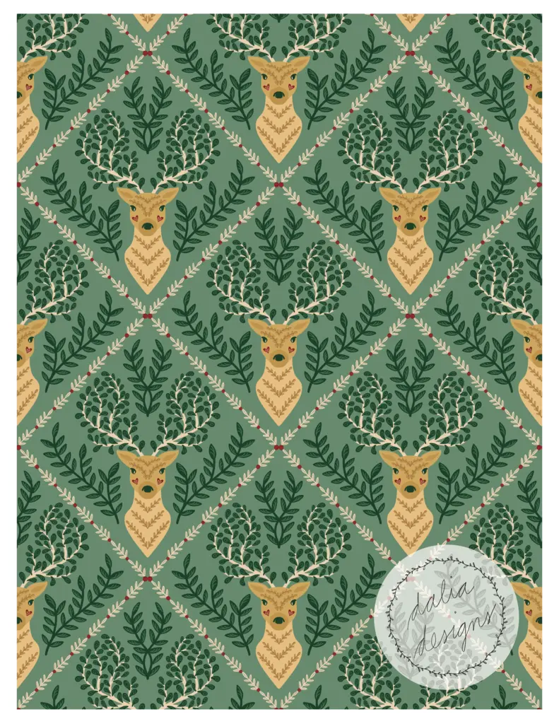 Seamless pattern featuring stylized reindeer heads with intricate antlers and surrounding foliage on a green background.