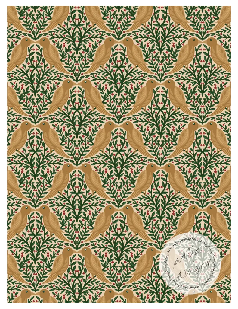Pattern design featuring stylized birds and green foliage, with a cream background and decorative floral elements.