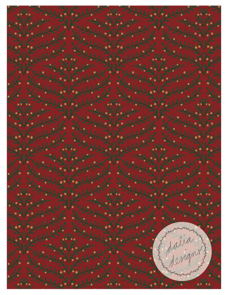 Pattern featuring green foliage designs on a red background with small decorative dots. Includes a circular logo with the text 'dalia designs'.