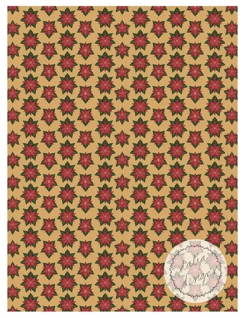 Pattern featuring red poinsettia flowers on a gold background with a circular logo in the corner.