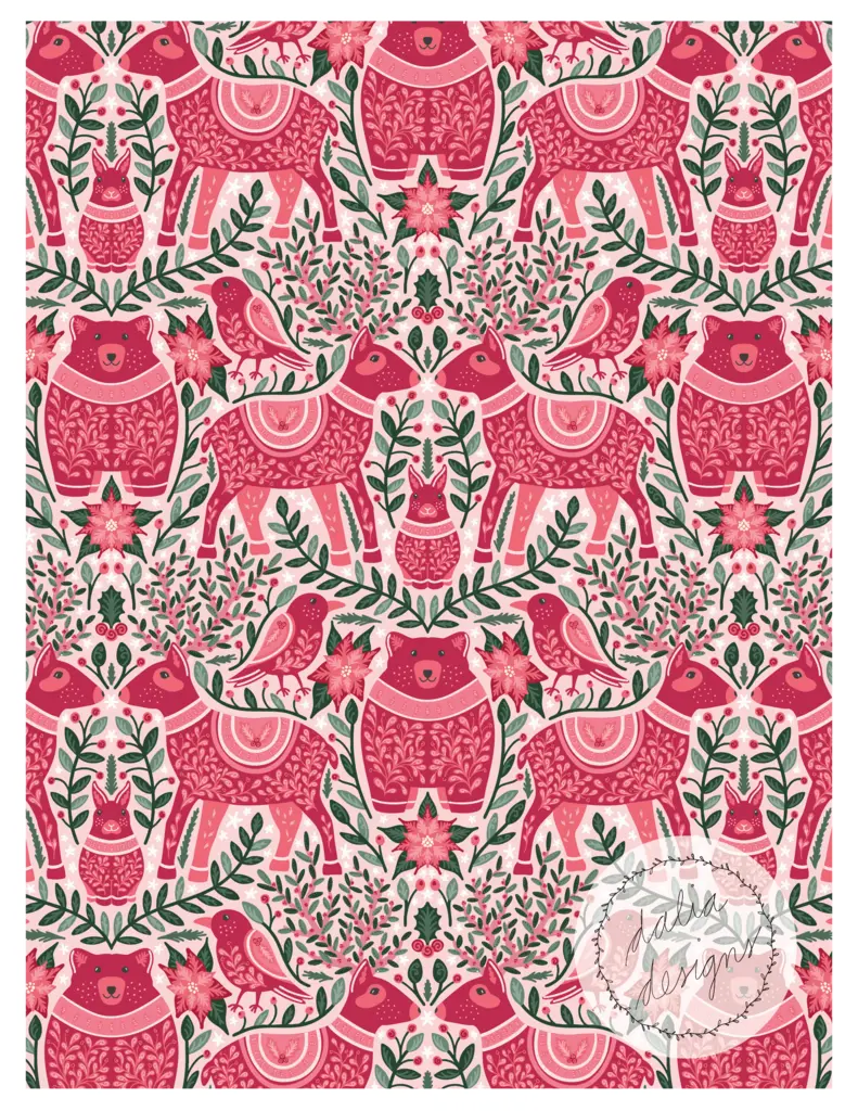 A festive pattern featuring pink folk animals, including deer and bears, surrounded by floral designs and leaves.