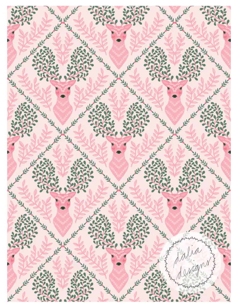 A patterned design featuring stylized pink deer heads surrounded by green foliage on a light pink background, with a decorative border.