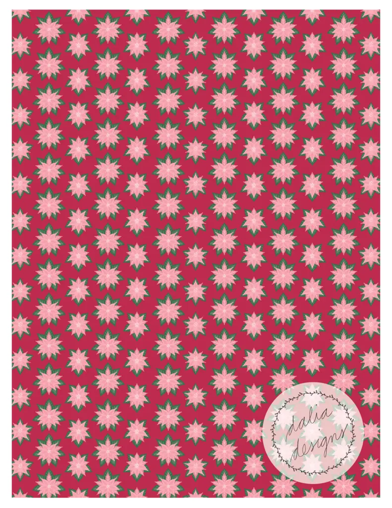 A red fabric pattern featuring repeating pink flowers with green leaves, designed for holiday decor.
