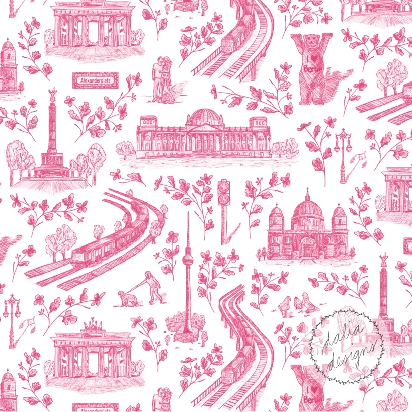 A patterned illustration featuring iconic landmarks of Berlin, including the Brandenburg Gate, Berlin television tower, and historical buildings, surrounded by flowers and train tracks, all in a pink color scheme.