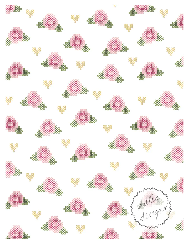 Pattern design featuring pink cross-stitched roses and small hearts on a white background.