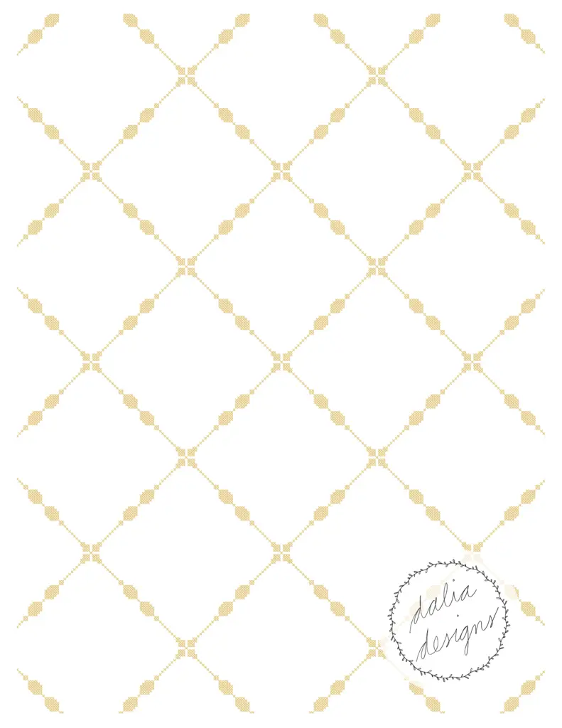 A repeating pattern featuring a diamond grid design with light yellow and cream-colored shapes on a white background, including a logo that says 'dalia designs' in a circular frame.