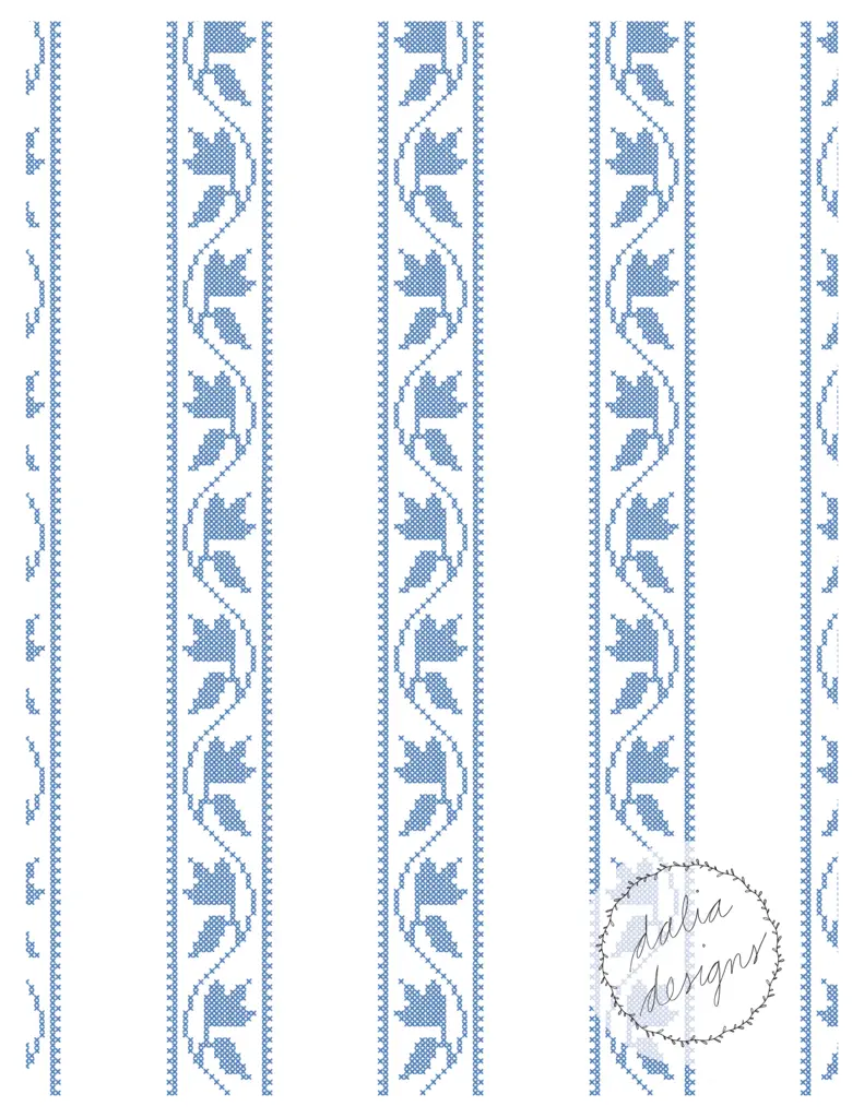 A light blue and white cross-stitch pattern featuring a floral design with alternating stripes and leaves, along with a decorative border.