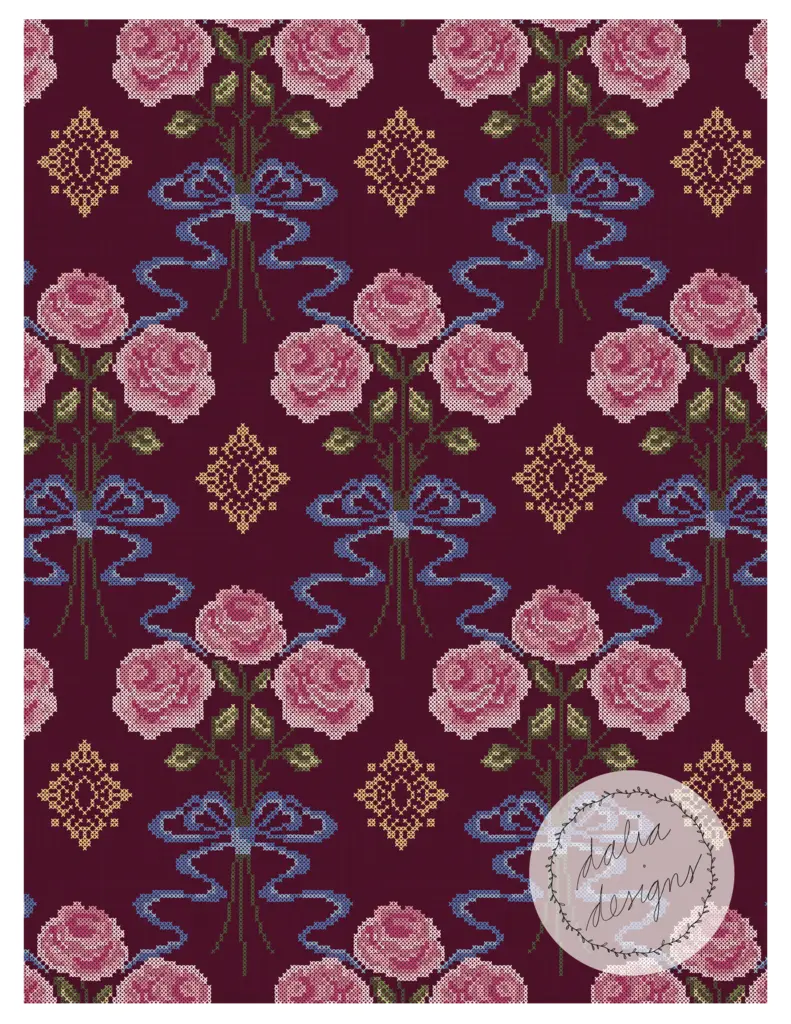 A floral pattern featuring pink roses and blue ribbons on a burgundy background, with decorative elements in gold and blue.