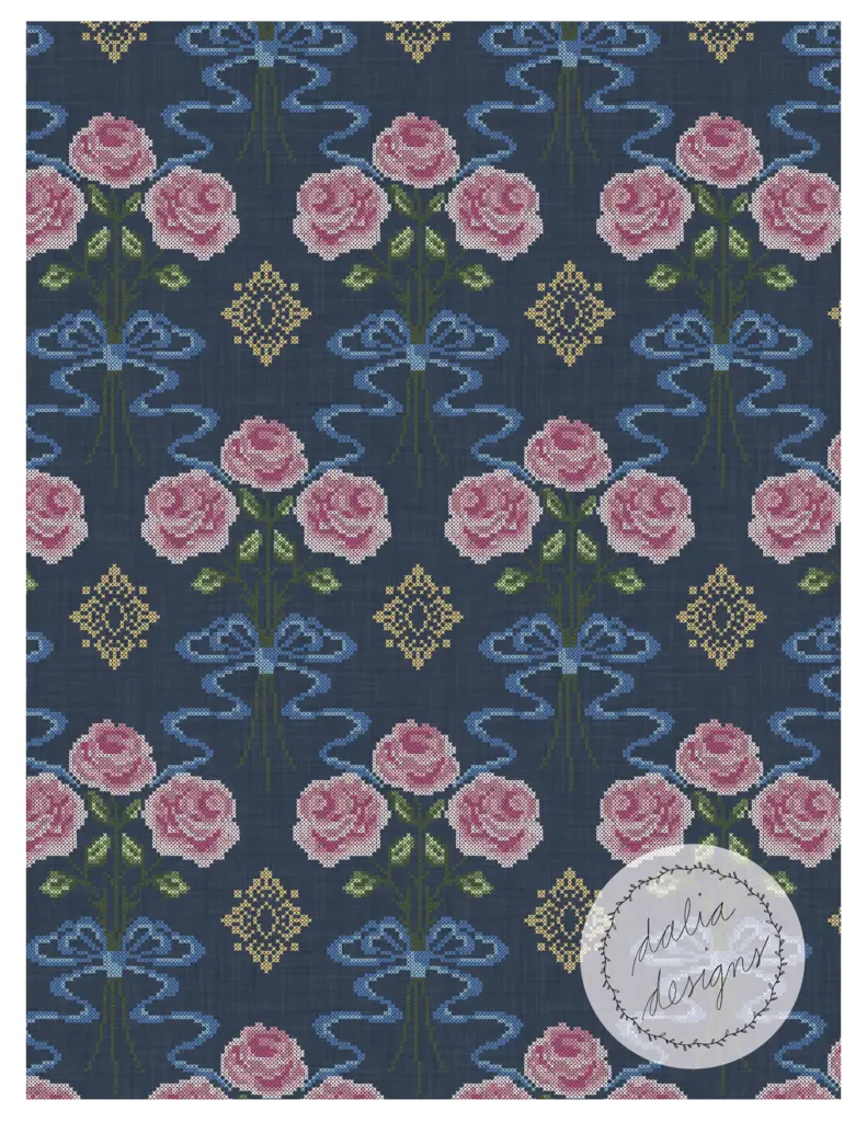 Pattern featuring pink cross-stitch roses with green leaves and blue ribbons on a dark blue background, along with a decorative diamond motif.