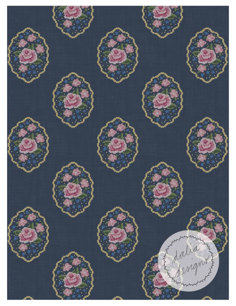 Denim blue patterned fabric featuring pink roses in oval frames with a floral background.
