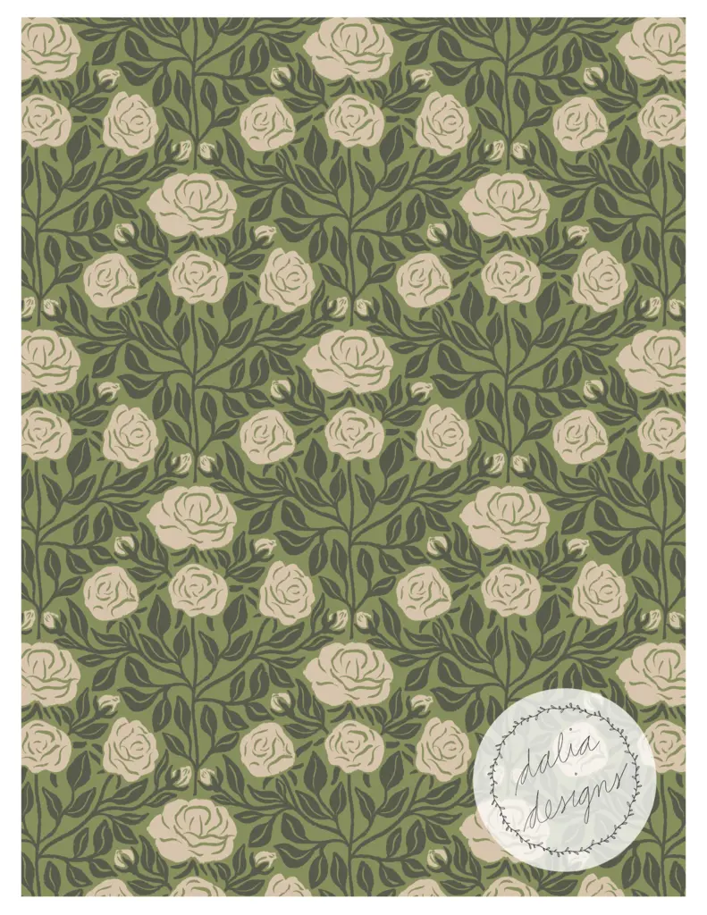 A floral pattern featuring light beige roses and green leaves on a dark green background, with a circular logo for 'Dalia Designs' in the bottom right corner.