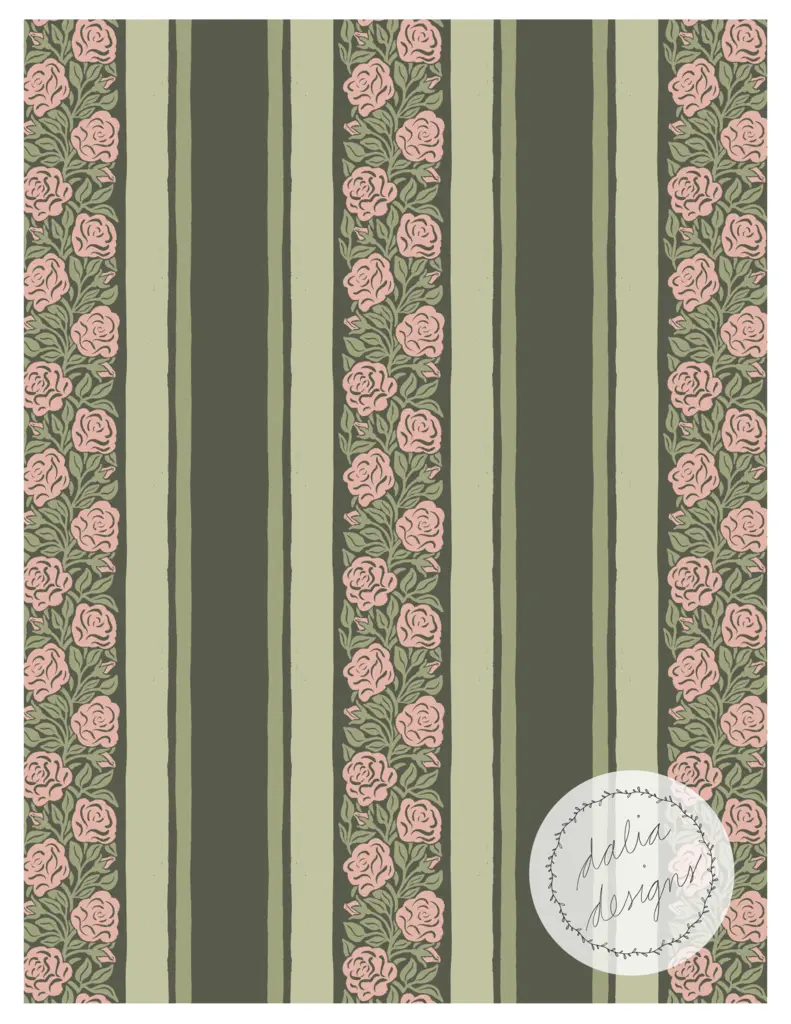A floral pattern featuring pink roses and green foliage on vertical stripes of muted olive and light green.