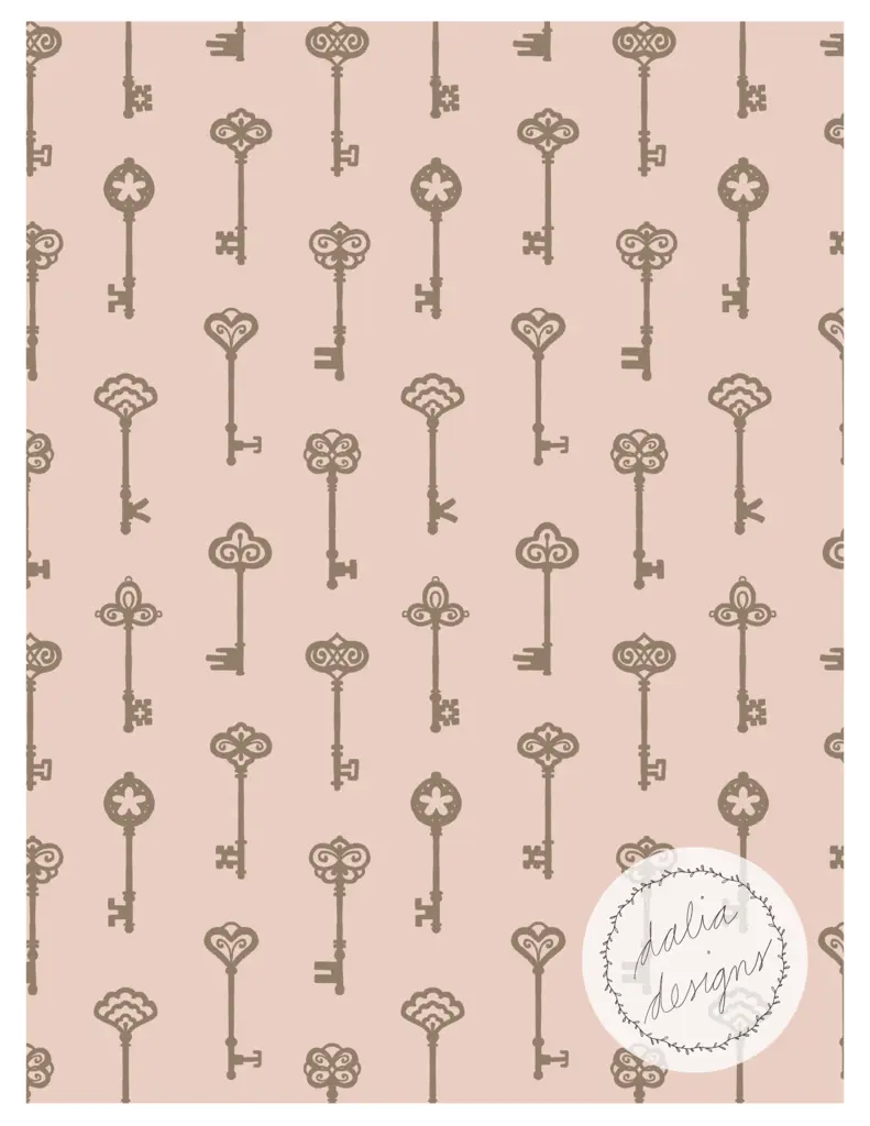 Pattern featuring various decorative keys on a soft pink background with a logo in the corner.