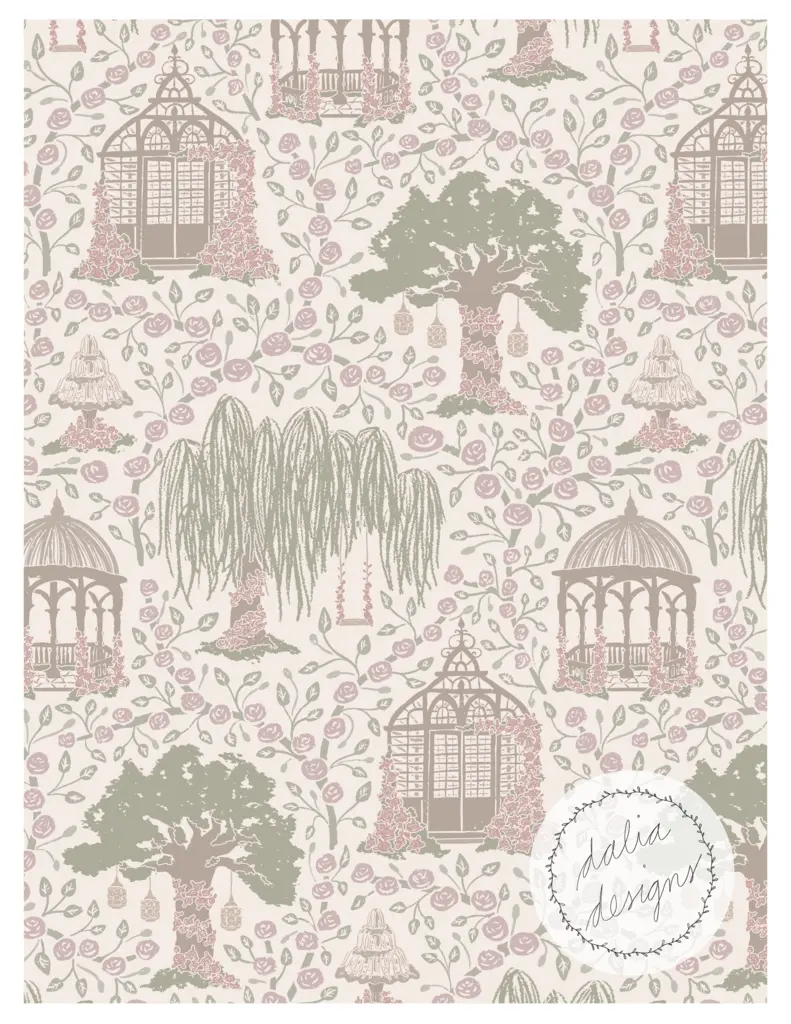 A decorative pattern featuring lush trees, ornate gazebos, and floral motifs in soft pastel colors.