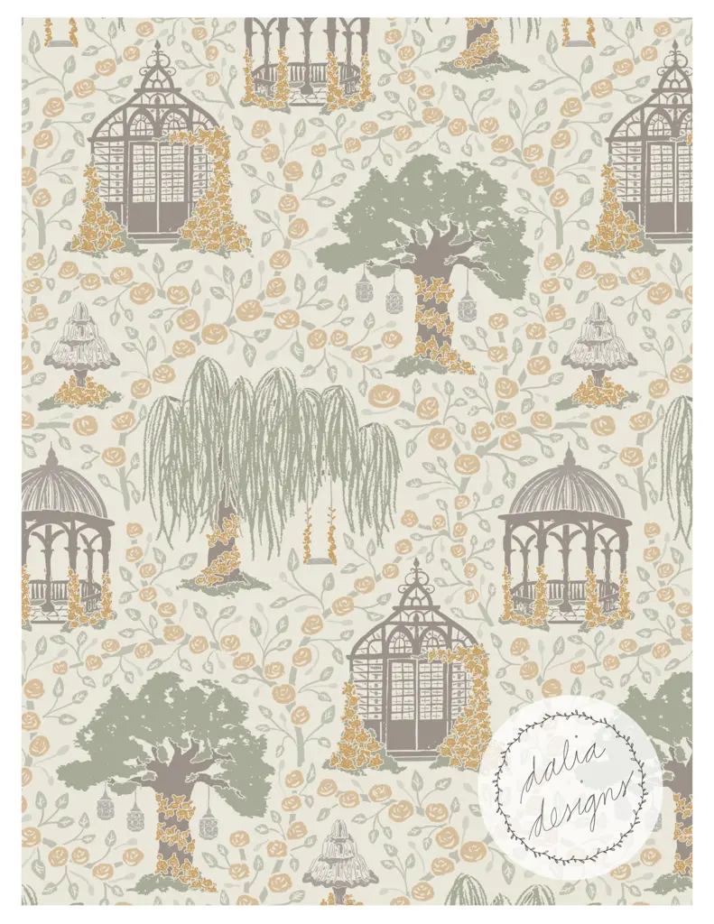 A patterned design featuring intricate illustrations of gazebos, trees, and flowers in soft colors like gray, yellow, and green against a light background.