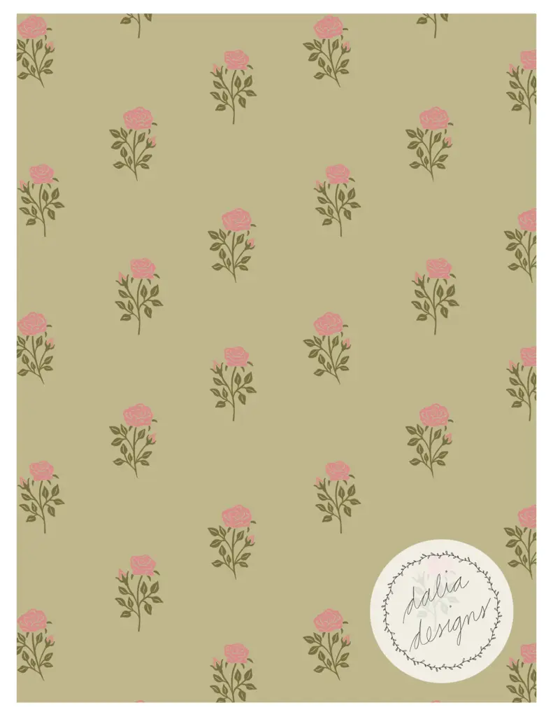 A seamless pattern featuring small pink roses with green leaves on a light olive background, accompanied by a circular logo that says 'dalia designs'.