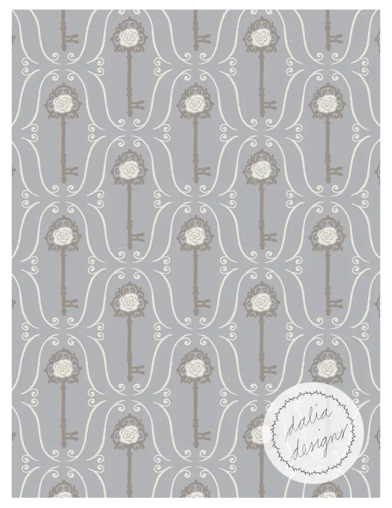 A decorative pattern featuring floral designs and vintage keys on a light gray background, accompanied by the logo 'dalia design' in the corner.