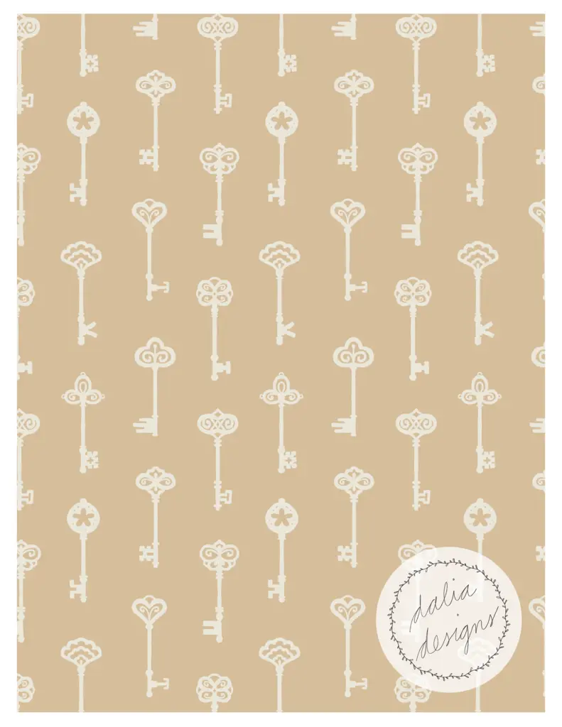 A repeating pattern of decorative keys in a light color on a tan background, featuring various key designs with a branded logo in the corner.