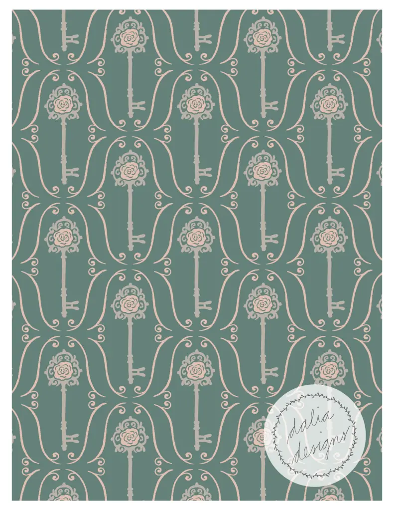 A patterned design featuring keys and roses on a muted teal background, with a label in the bottom corner reading 'Dalia Designs'.