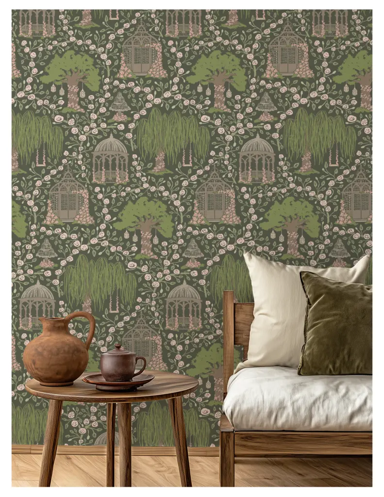 A cozy interior scene featuring a wooden table with a ceramic pot and a cup, set against a patterned wallpaper depicting trees, floral motifs, and gazebos in earthy tones.