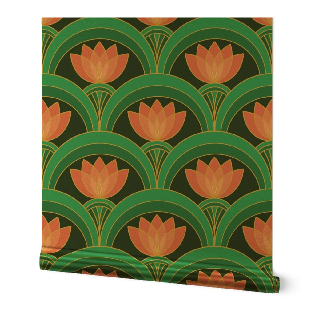 A patterned fabric featuring stylized pink flowers and green arches on a dark background.