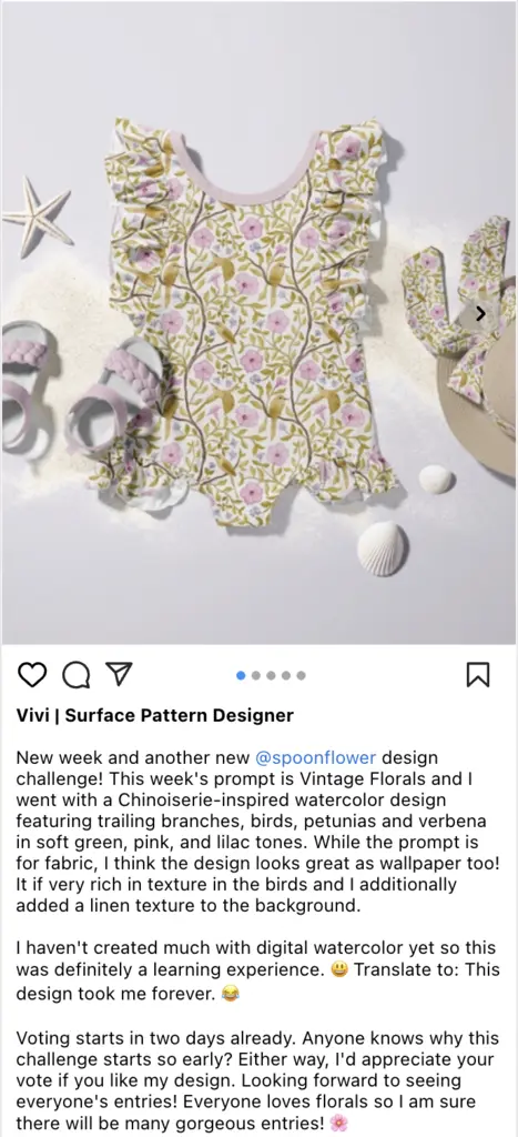 A floral-patterned girl's swimsuit with ruffled sleeves, placed on sandy beach-like setting, alongside beach accessories including sandals, a sun hat, and seashells.