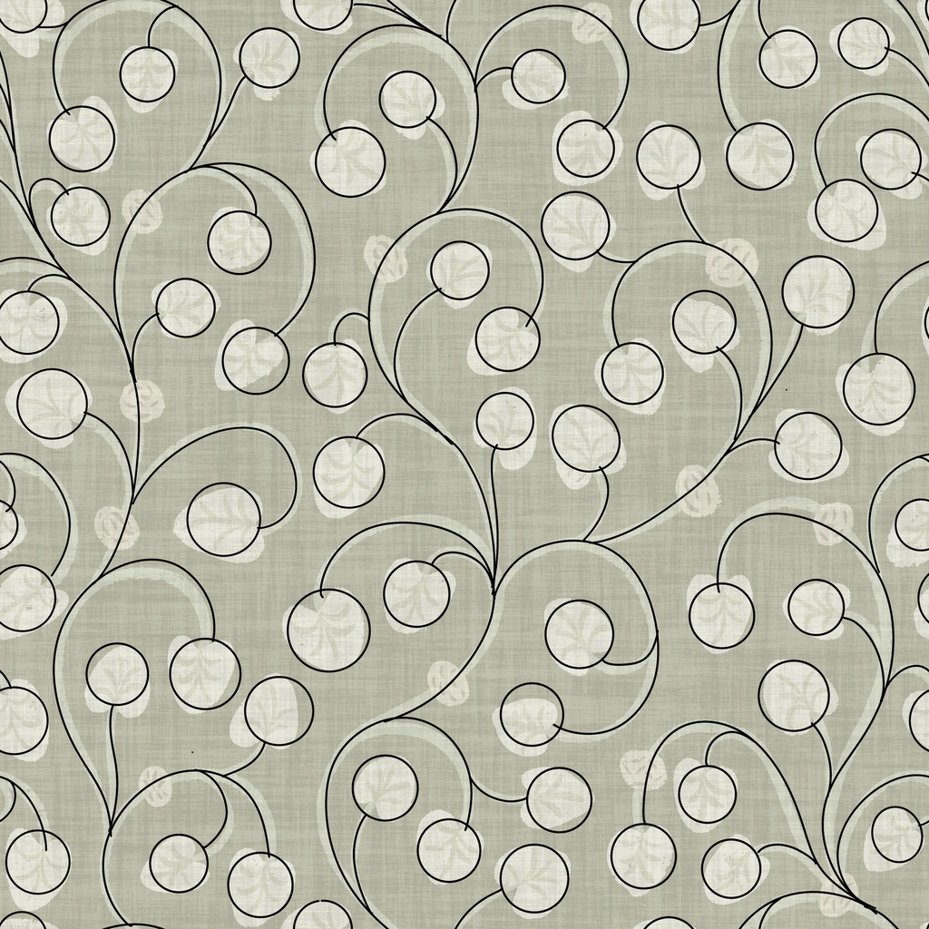A floral pattern featuring black outlines of curvy branches with round shapes, set against a textured muted gray background.