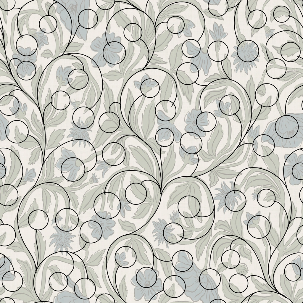 A detailed floral pattern featuring swirling vines, soft blue and green leaves, and round buds on a light background.