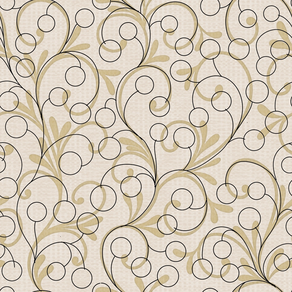 A repeating pattern of elegant swirls and circular shapes in black and beige on a light background.