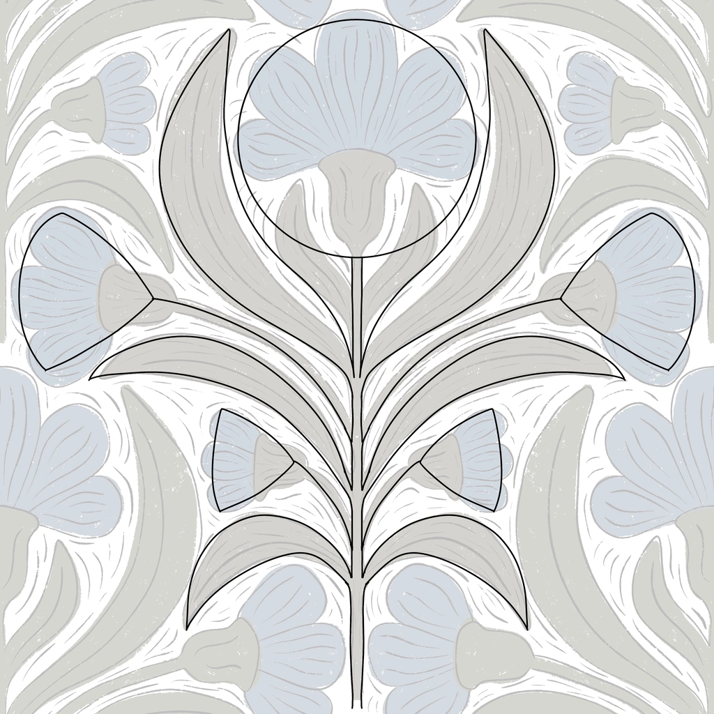 A decorative floral pattern featuring light blue flowers and abstract leaves, with a central circular motif, all set against a soft, textured background.