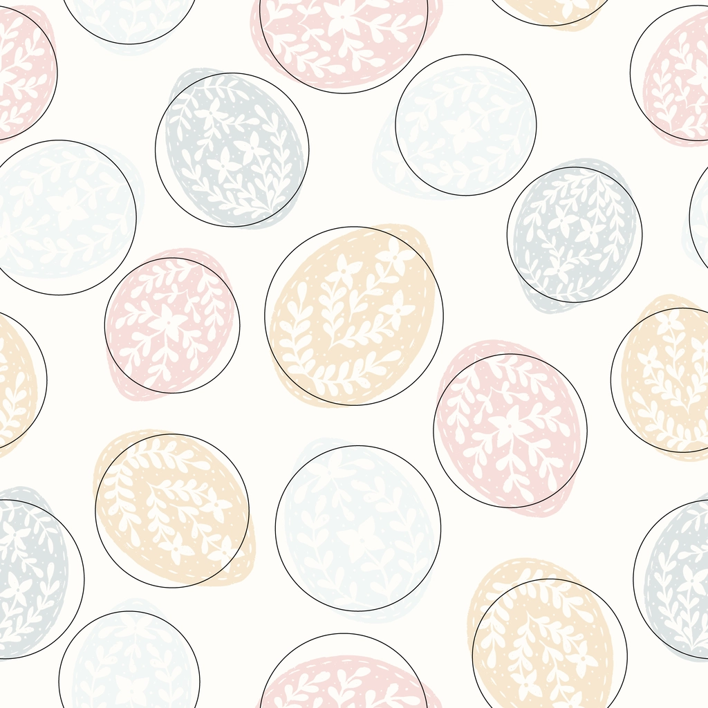 A seamless pattern featuring circular shapes in soft colors, including pink, blue, and beige, with delicate floral designs and outlines.