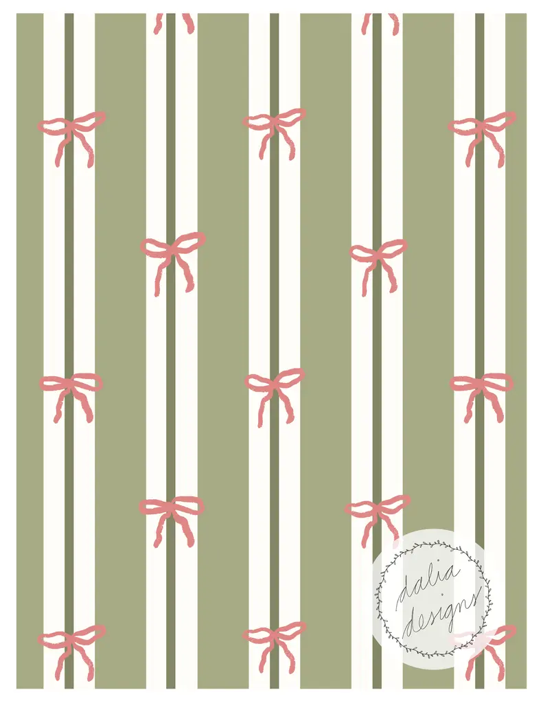 Pattern featuring vertical stripes in green and white, adorned with pink bows at regular intervals.