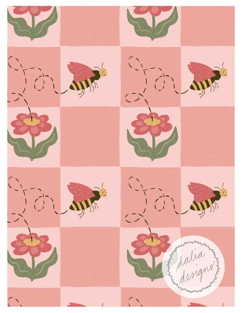 A whimsical pattern featuring bees and flowers on a pink background, with a decorative logo in the corner.