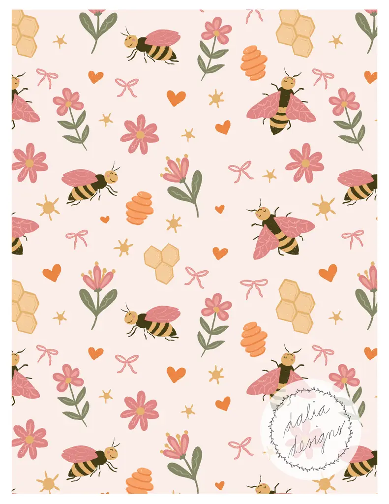 A whimsical pattern featuring illustrated bees, flowers, honeycombs, and hearts on a soft pink background, designed for a cheerful decorative effect.