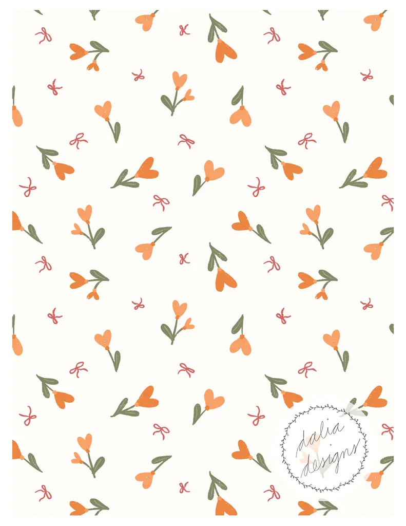 A repeating pattern of small orange flowers with green leaves and pink bows on a cream background, featuring the logo 'dalia design' in a circular frame.
